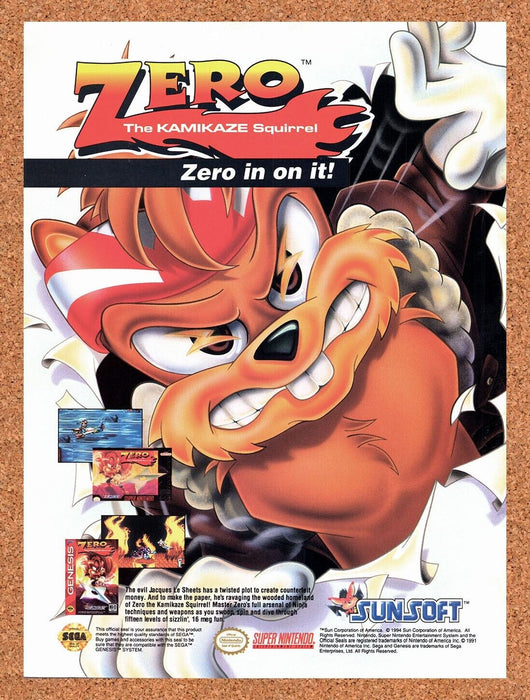 1994 Zero The Kamikaze Squirrel SNES Original Ad v1 - for just $17.99! 