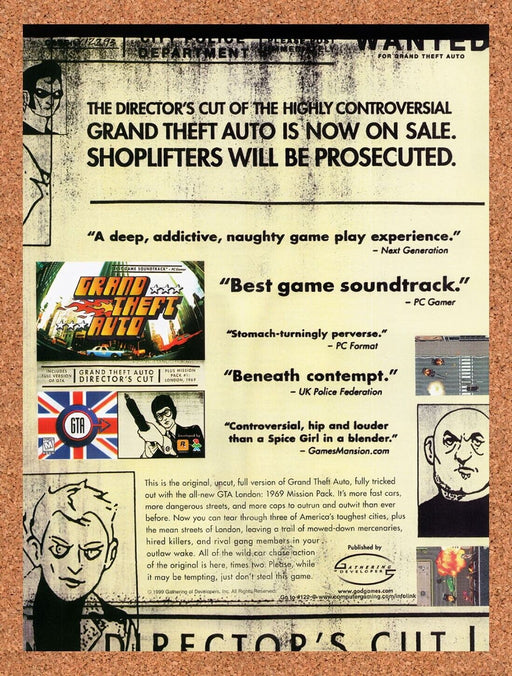 1999 Grand Theft Auto Directors Cut PC Original Ad v2 - for just $17.99! 