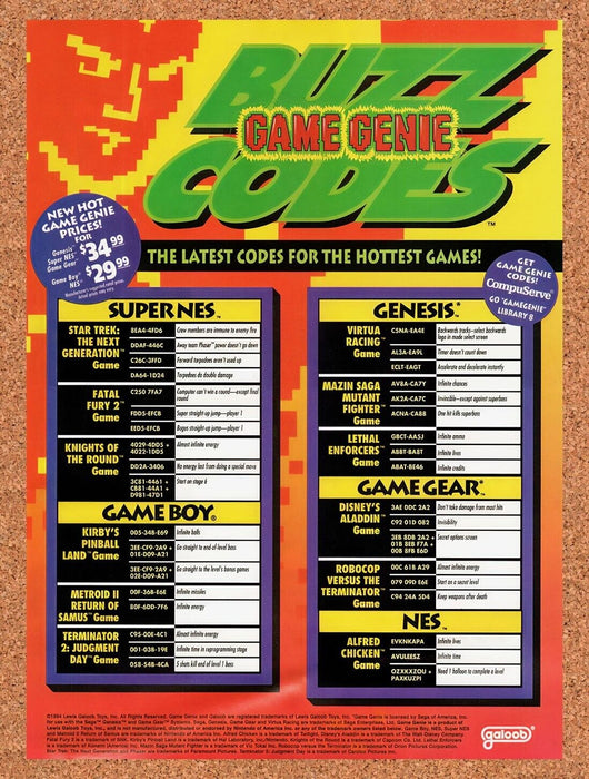 1994 Game Genie Buzz Codes Original Ad v8 - for just $17.99! 