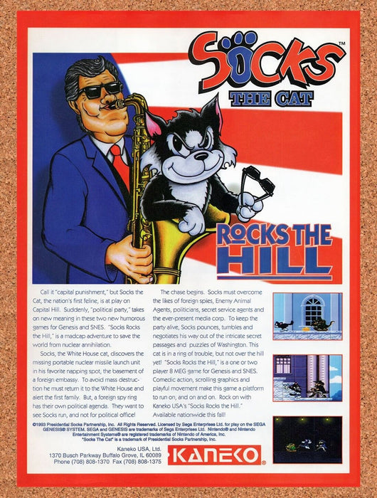 1993 Socks The Cat Rocks The Hill SNES Original Ad v1 - for just $17.99! 
