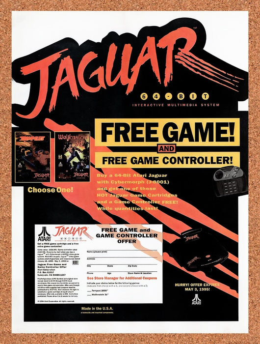 1995 Atari Jaguar Free Game & Controller Offer Original Ad v14 - for just $18.49! 