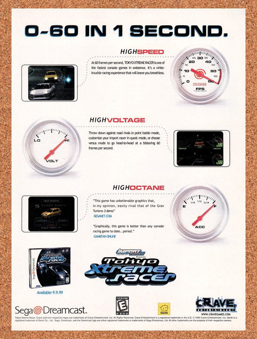 1999 Tokyo Xtreme Racer Dreamcast Original Ad v2 - for just $17.99! 