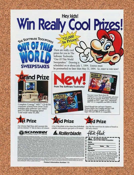1995 Mario Is Missing SNES Original Sweepstakes Ad - for just $17.99! 