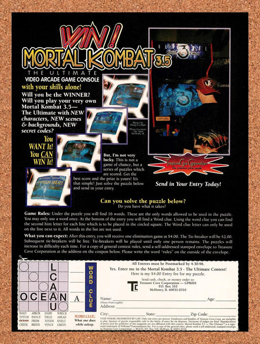 1996 Mortal Kombat 3.5 Arcade Cabinet Sweepstakes Original Ad v1 - for just $17.99! 