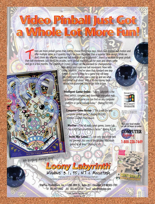 1996 Loony Labyrinth Pinball PC Original Advertisement v1 - for just $19.49! 