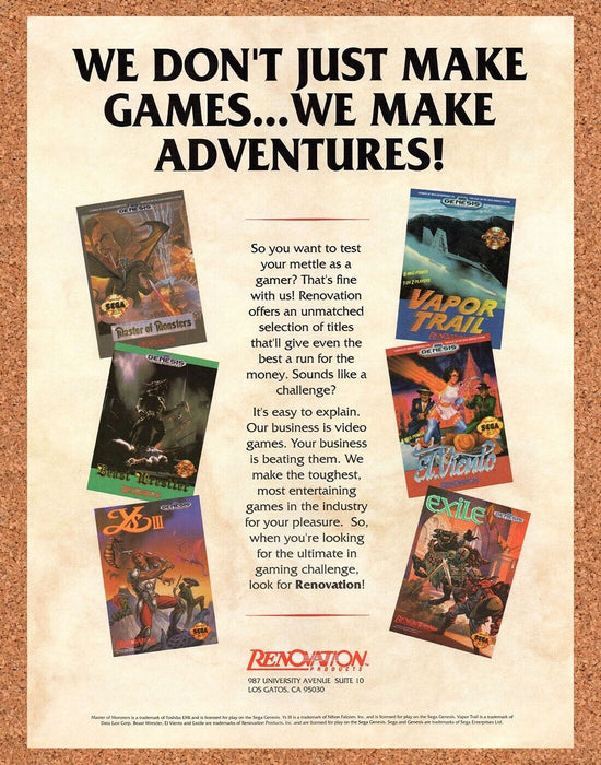 1992 Renovation Genesis Games Ys Original Ad v1 - for just $17.99! 