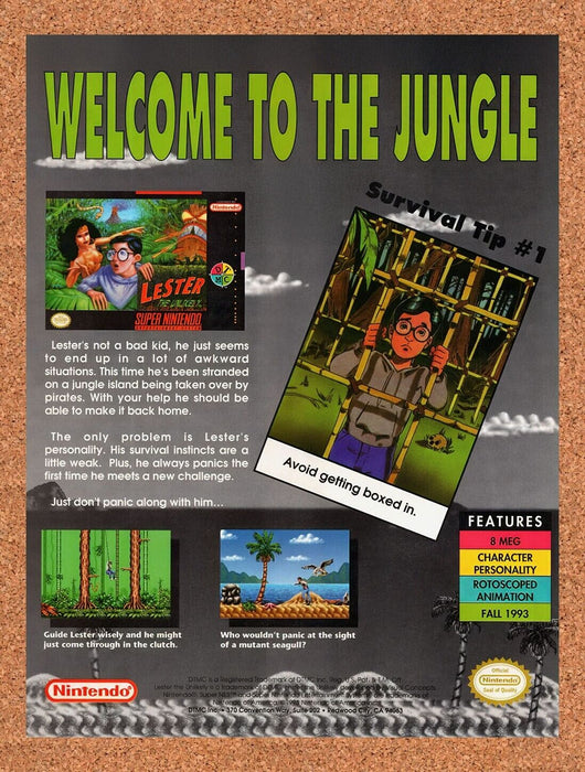 1993 Lester The Unlikely SNES Survival Tip #1 Original Ad v2 - for just $17.99! 