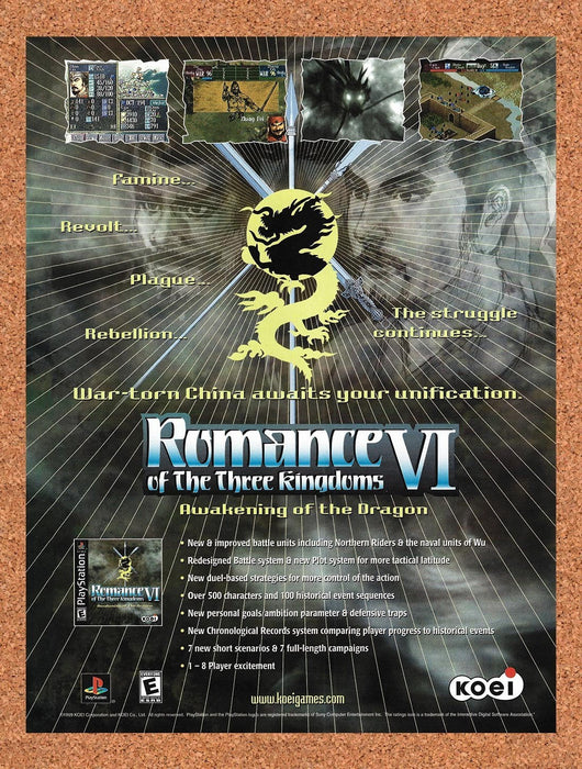2000 Romance Of The Three Kingdoms VI Awakening Of The Dragon PS1 Original Advertisement v1 - for just $19.49! 