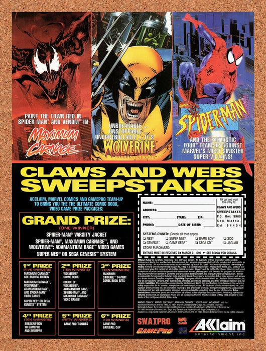 1995 Marvel Claws And Webs Sweepstakes Original Ad v1 - for just $17.99! 