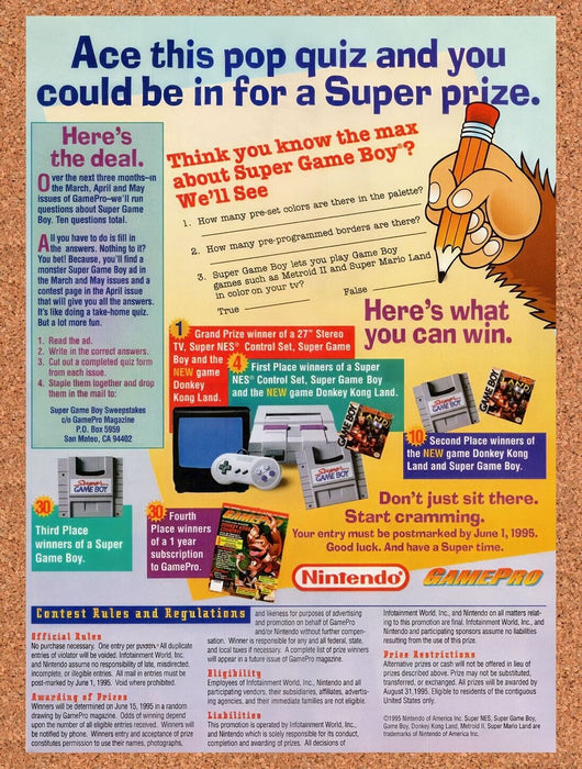 1995 Super Game Boy Pop-Quiz Original Ad v3 - for just $17.99! 