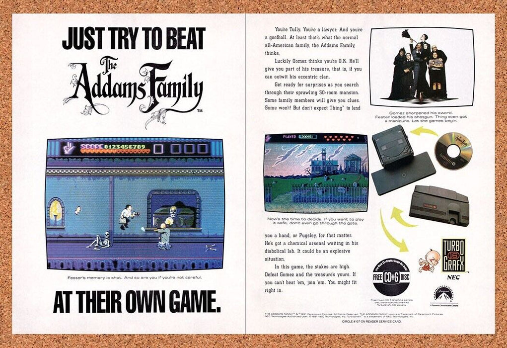 1992 Addams Family TurboGrafx-16 Original Ad v2 - for just $22.49! 