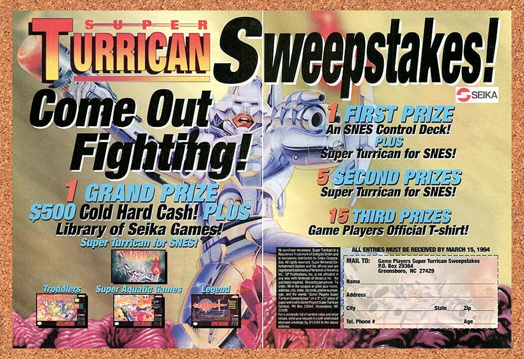 1994 Super Turrican SNES Original Sweepstakes Ad - for just $21.49! 