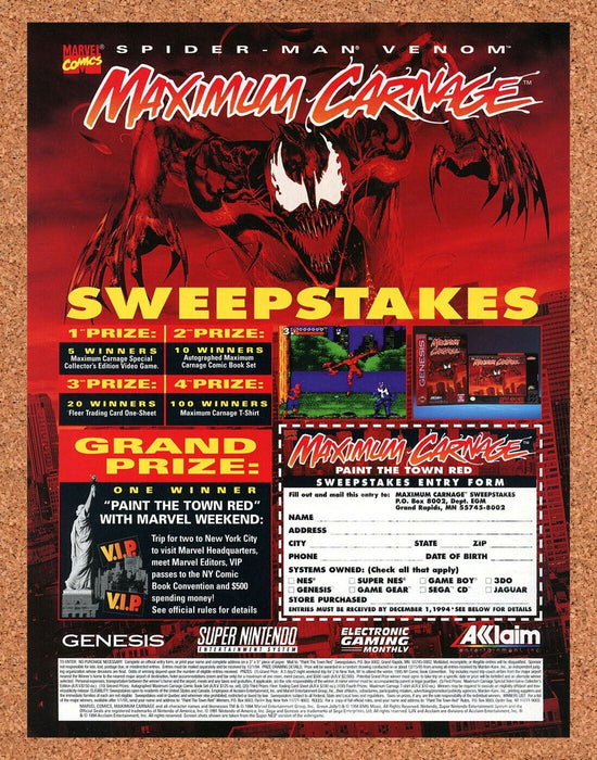 1994 Maximum Carnage Genesis Original Sweepstakes Ad - for just $17.99! 
