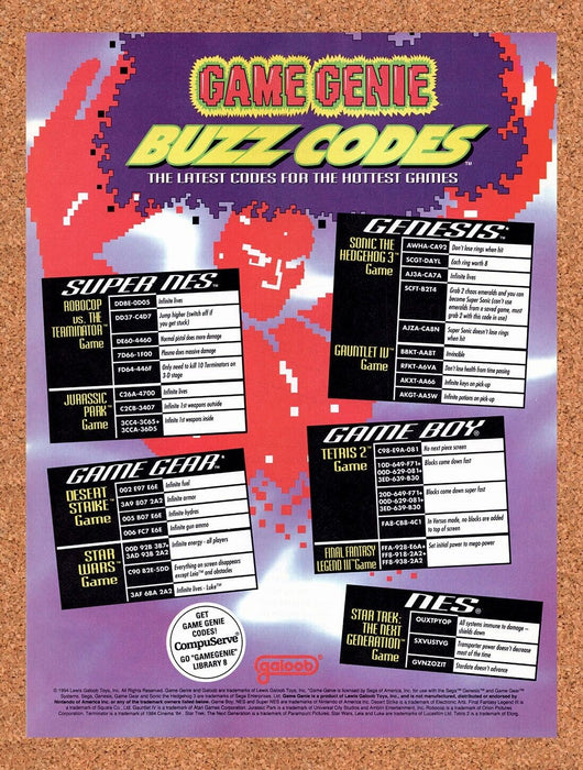 1994 Game Genie Buzz Codes Original Ad v5 - for just $17.99! 