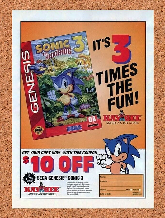 1995 Sonic 3 Genesis Kaybee Rebate Original Ad v3 - for just $17.99! 