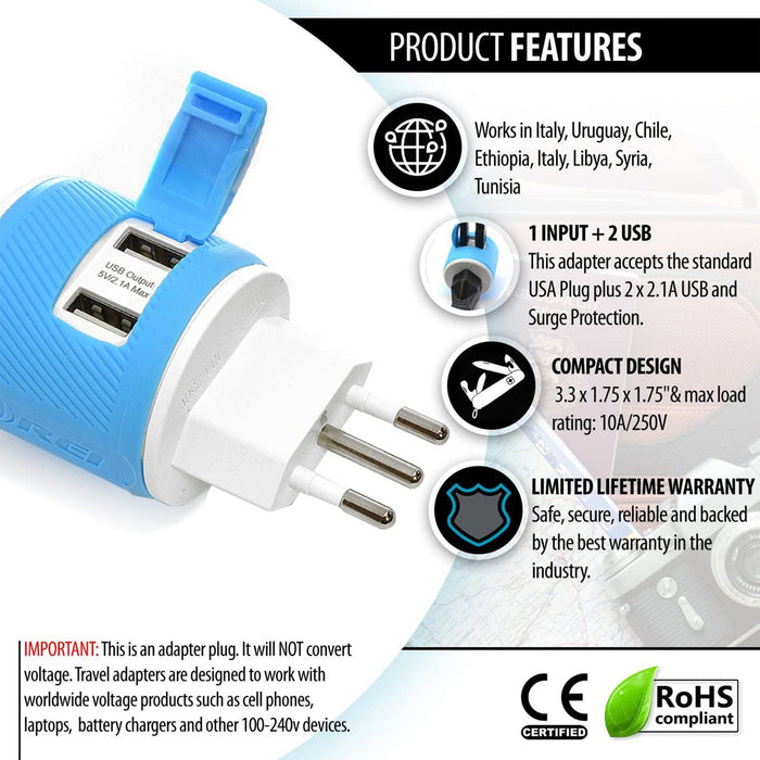 Italy, Uruguay Travel Adapter - 3 in 1 - 2 USB - Type L - Compact Design (U2U-12A) - Just $9.99! Shop now at Retro Gaming of Denver