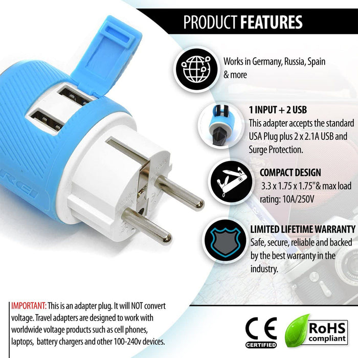 Europe, France Travel Adapter - 3 in 1 - 2 USB - Type E/F - Compact Design (U2U-9) - Just $13.99! Shop now at Retro Gaming of Denver