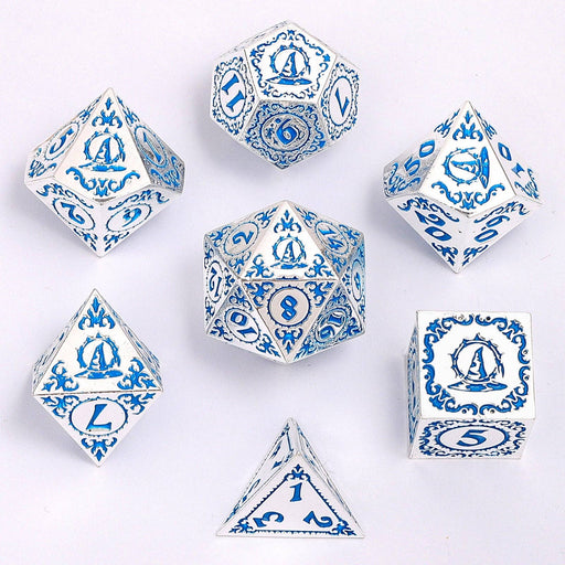 Wizard Solid Metal Polyhedral Dice Set - Silver with Blue - for just $39.99! 
