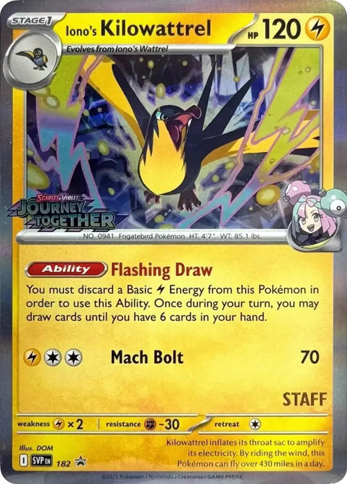 Iono's Kilowattrel (182) (Prerelease Staff) [Scarlet & Violet: Black Star Promos] - for just $9.05! 