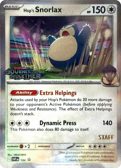 Hop's Snorlax (184) (Prerelease Staff) [Scarlet & Violet: Black Star Promos] - for just $50.05! 