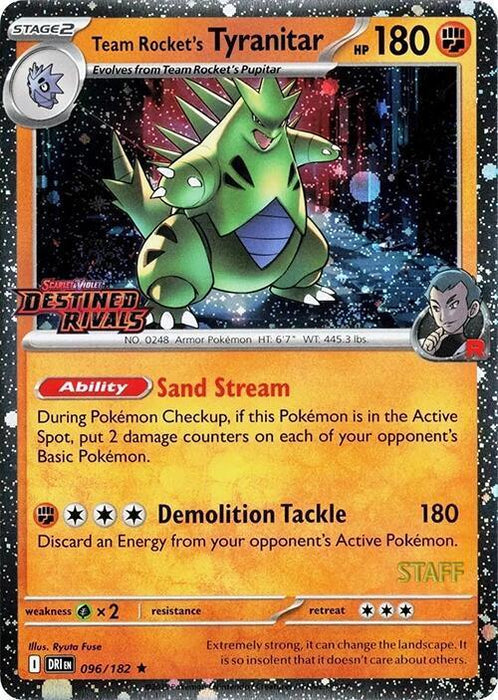 Team Rocket's Tyranitar (096/182) (Prerelease Staff) [Scarlet & Violet: Destined Rivals] - for just $51.10! 
