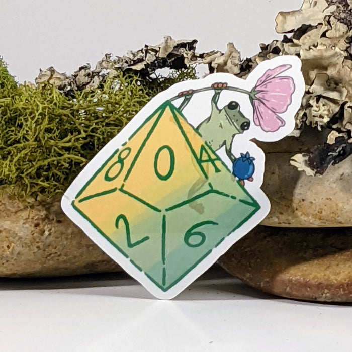 Flower Frog Hanging From Polyhedral Dice Sticker - 2.5" - for just $3.50! 