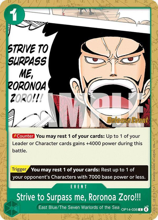 Strive to Surpass me, Roronoa Zoro!!! [The Azure Sea's Seven Release Event Cards] - for just $2.25! 
