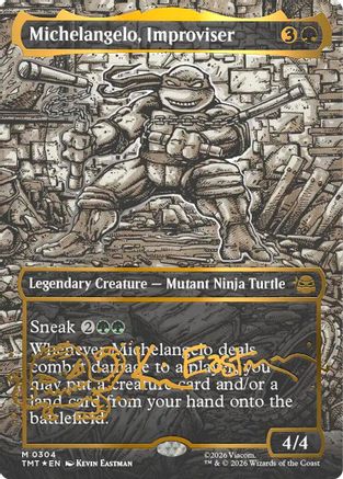Michelangelo, Improviser (Borderless) (Gold-Stamped Signature) (TMT-304) - Teenage Mutant Ninja Turtles Foil - for just $600! 