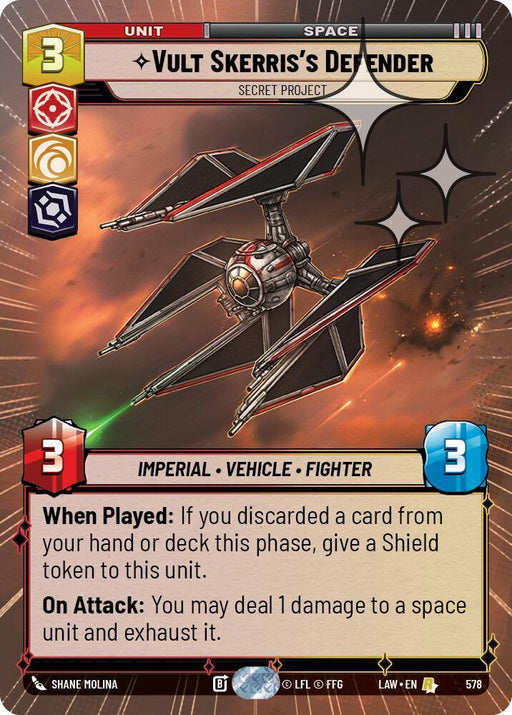 Vult Skerris's Defender - Secret Project (340) (Hyperspace Foil) (340) [A Lawless Time] - for just $1.55! 