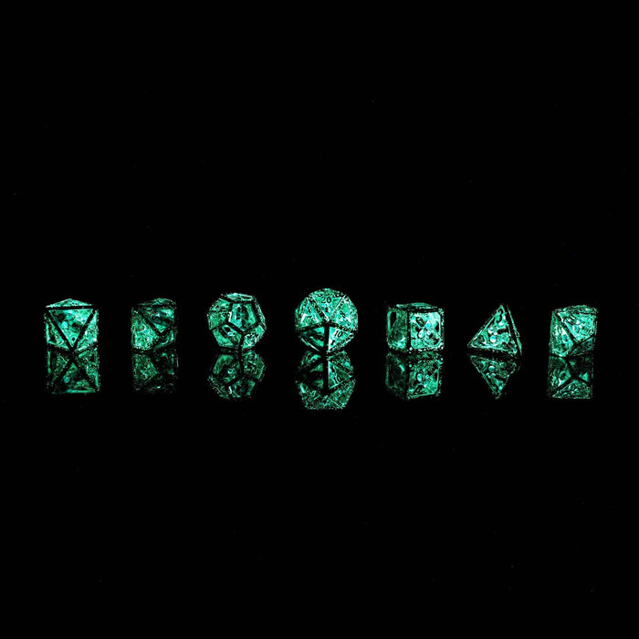 Skull's Grin Hollow Metal Dice Set - Glow in the Dark Blue - for just $89.99! 