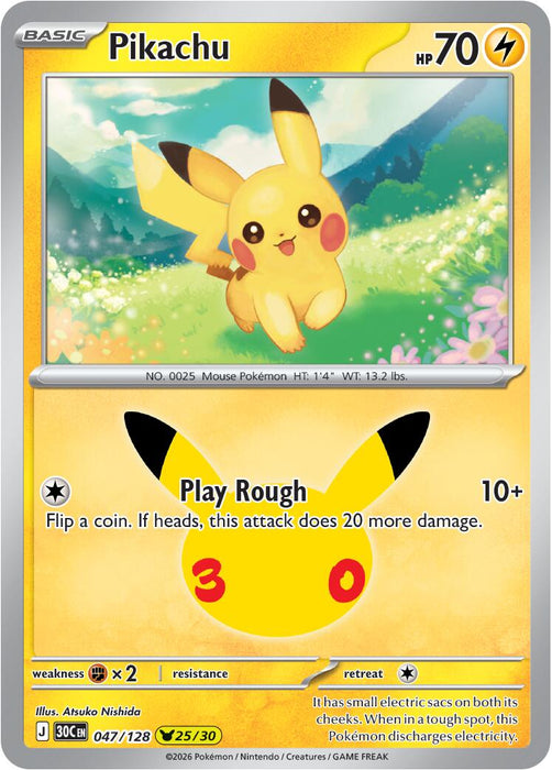 Pikachu (047/128) [Mega Evolution: 30th Celebration] - for just $0.10! 