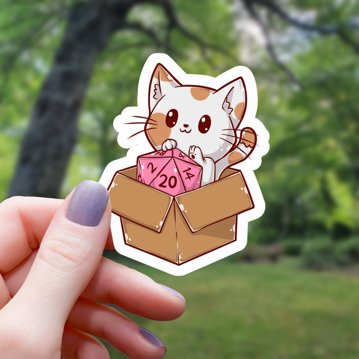 Cat In Box With D20 Sticker - 3" - for just $3.50! 