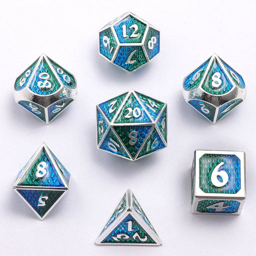 Solid Metal Mini Behemoth Dice set - Silver with Green Blue - for just $29.99! 