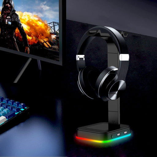 Desktop Gamer 2 In 1 RGB Headphone Stand Power Strip Desk Gaming Headset Holder With 2 USB Charging Earphone Hanger - for just $67.20! 