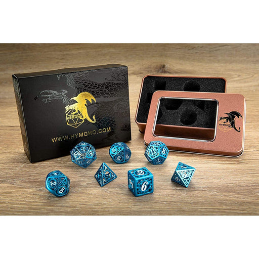 Gears of Providence Hollow Metal Polyhedral Dice Set - Blue with White Enamel - Premium Polyhedral Dice Set - Just $69.99! Shop now at Retro Gaming of Denver