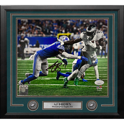 AJ Brown Blocks a Tackle Philadelphia Eagles Autographed Framed Football Photo - Premium Autographed Framed Football Photos - Just $199.99! Shop now at Retro Gaming of Denver