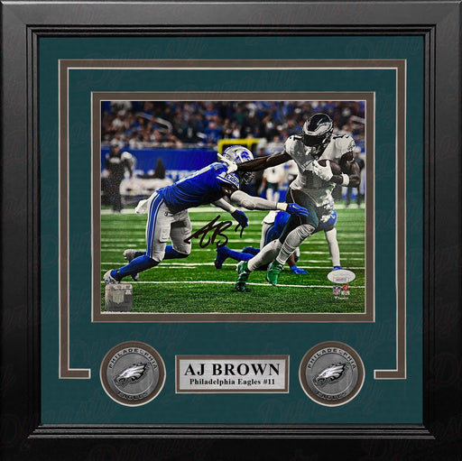 AJ Brown Blocks a Tackle Philadelphia Eagles Autographed Framed Football Photo - Premium Autographed Framed Football Photos - Just $199.99! Shop now at Retro Gaming of Denver