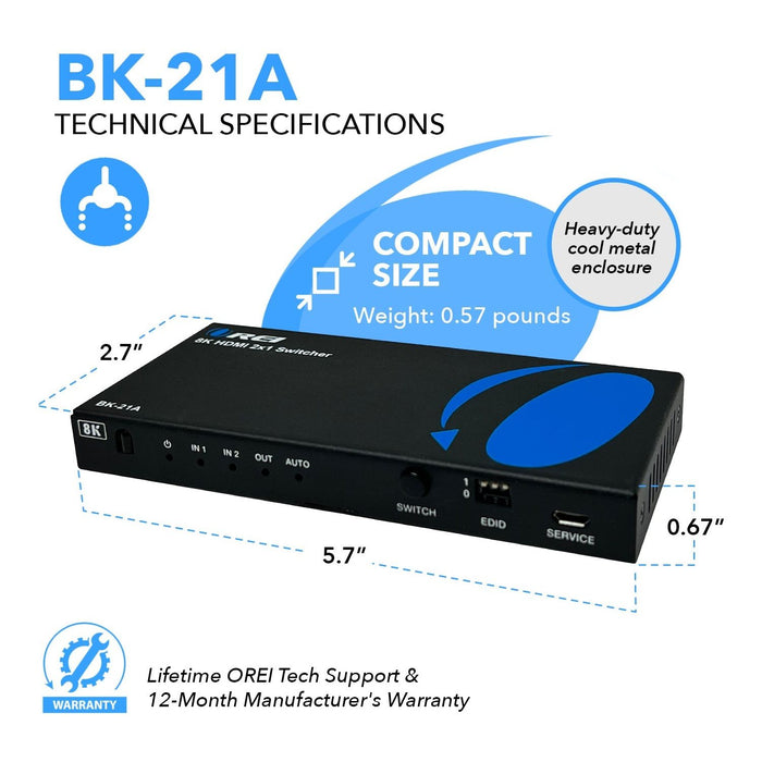 2x1 HDMI Switcher W/ Audio Out: 2-in 1-out, UltraHD 8K, EDID (BK-21A) - Just $69.99! Shop now at Retro Gaming of Denver