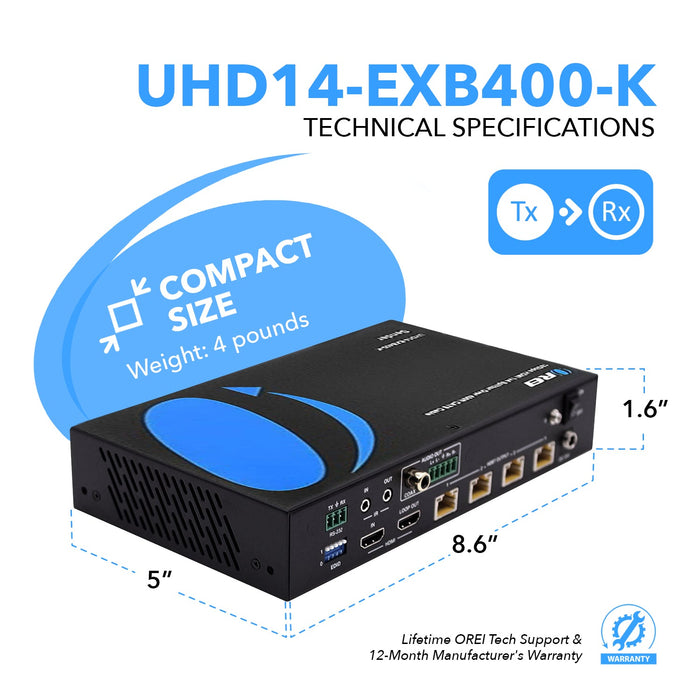 4K UltraHD 1x4 HDMI Extender Splitter Over CAT6/7 Up to 400 Ft with HDBaseT, EDID, IR Control (UHD14-EXB400-K) - Just $489! Shop now at Retro Gaming of Denver