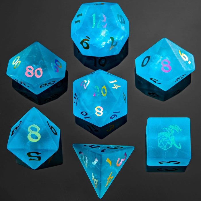 Dragon's Horde Glass Polyhedral Dice Set - Sea Blue - Premium Polyhedral Dice Set - Just $89.99! Shop now at Retro Gaming of Denver