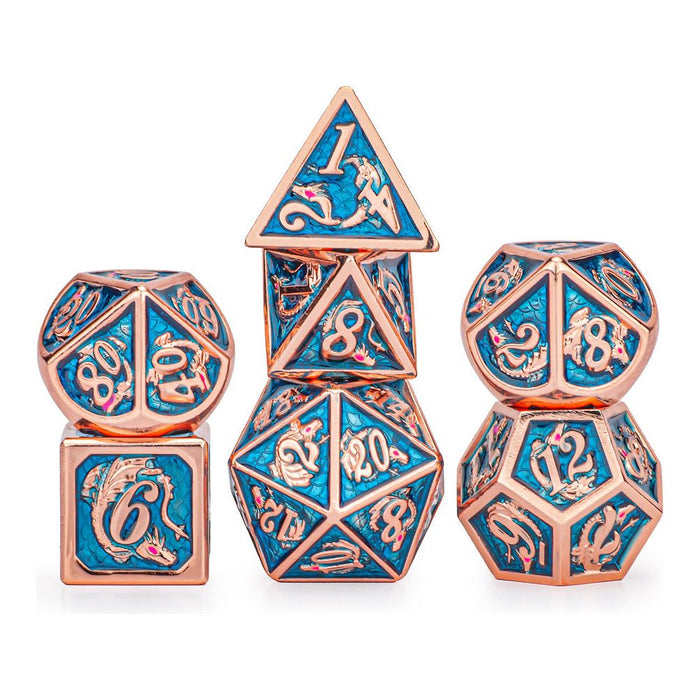 Solid Metal Dragon Polyhedral Dice Set -  Copper with Light Blue - Just $49.99! Shop now at Retro Gaming of Denver