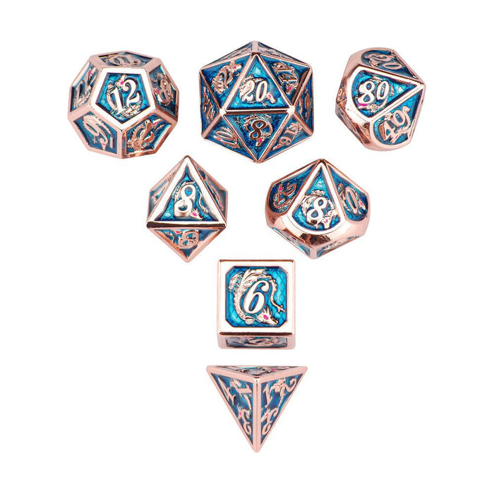 Solid Metal Dragon Polyhedral Dice Set -  Copper with Light Blue - Just $49.99! Shop now at Retro Gaming of Denver