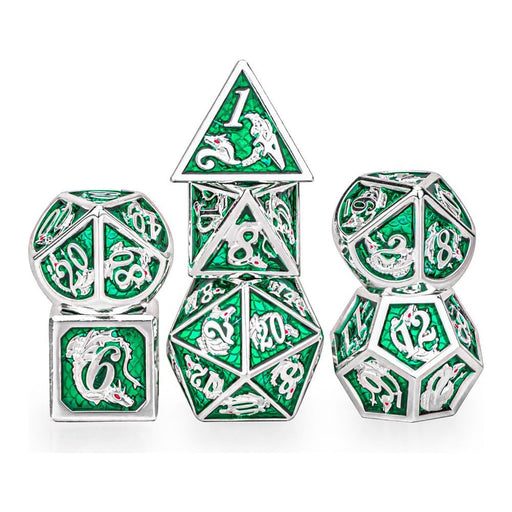 Solid Metal Dragon Polyhedral Dice Set - Silver with Green - Premium Polyhedral Dice Set - Just $49.99! Shop now at Retro Gaming of Denver