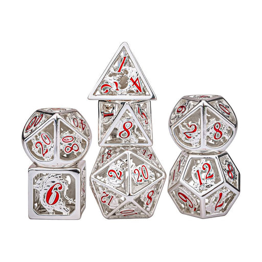 Hollow Metal Dragon Polyhedral Dice Set - Matte Silver with red enamel - Premium Polyhedral Dice Set - Just $79.99! Shop now at Retro Gaming of Denver
