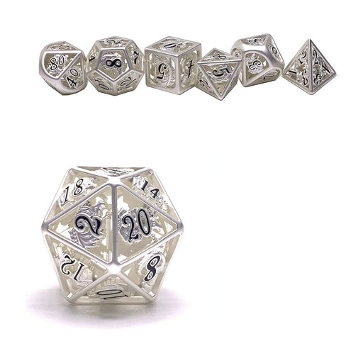 Hollow Metal Dragon Polyhedral Dice Set - Shiny Silver With Black Enamel - Premium Polyhedral Dice Set - Just $79.99! Shop now at Retro Gaming of Denver
