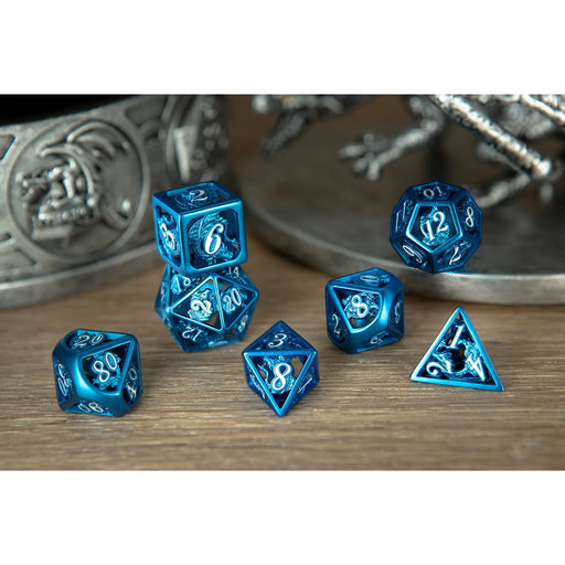 Hollow Metal Dragon Polyhedral Dice Set - Blue with White Enamel - Premium Polyhedral Dice Set - Just $79.99! Shop now at Retro Gaming of Denver