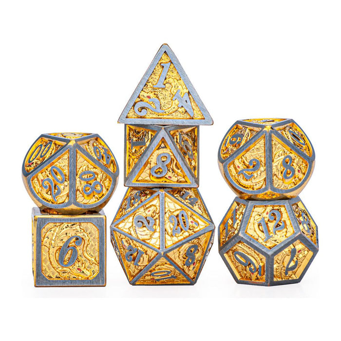 Solid Metal Dragon Polyhedral Dice Set - Brushed Gold - Just $49.99! Shop now at Retro Gaming of Denver