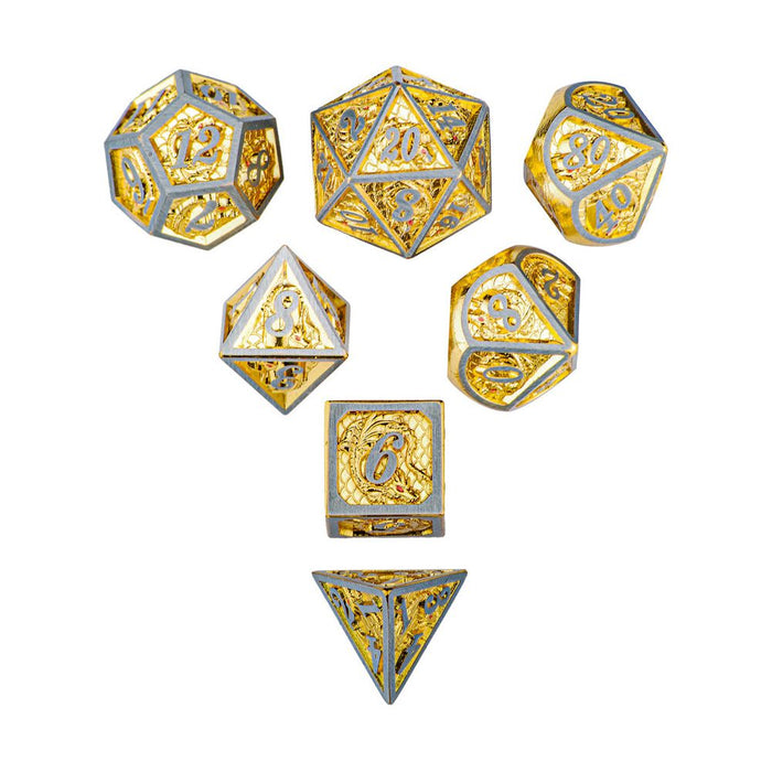 Solid Metal Dragon Polyhedral Dice Set - Brushed Gold - Just $49.99! Shop now at Retro Gaming of Denver