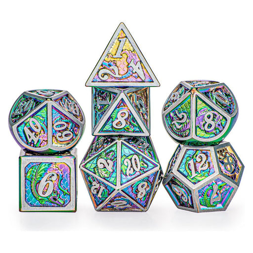 Solid Metal Dragon Polyhedral Dice Set - Brushed Rainbow - Premium Polyhedral Dice Set - Just $49.99! Shop now at Retro Gaming of Denver