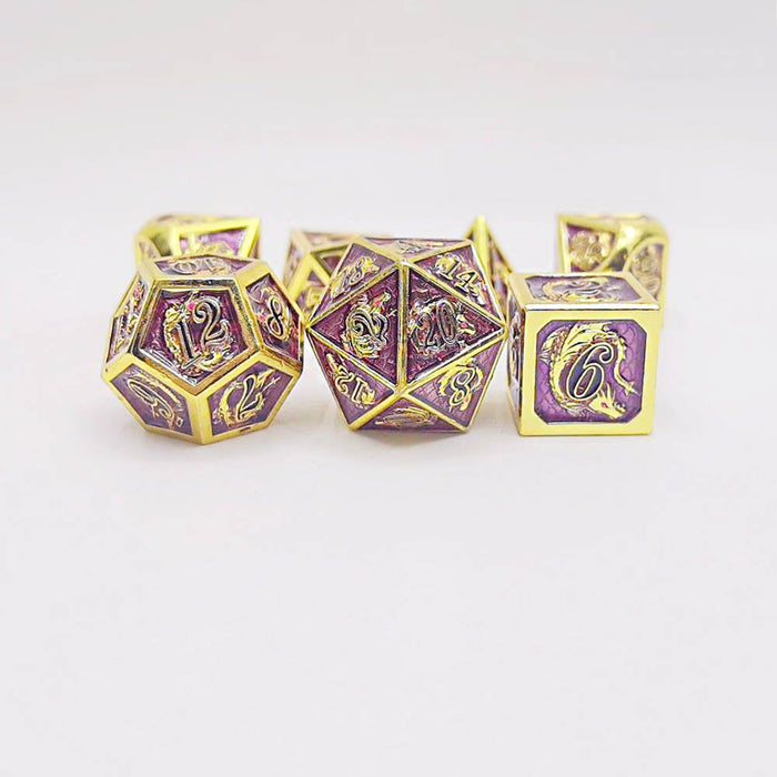 Solid Metal Dragon Polyhedral Dice Set - Gold with Purple - Just $49.99! Shop now at Retro Gaming of Denver